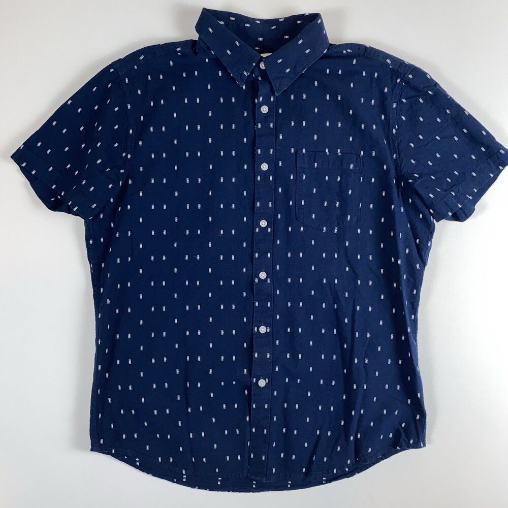 Sonoma Men's L Regular Blue Geometric Short Sleeve Cotton Button-Up Pockets